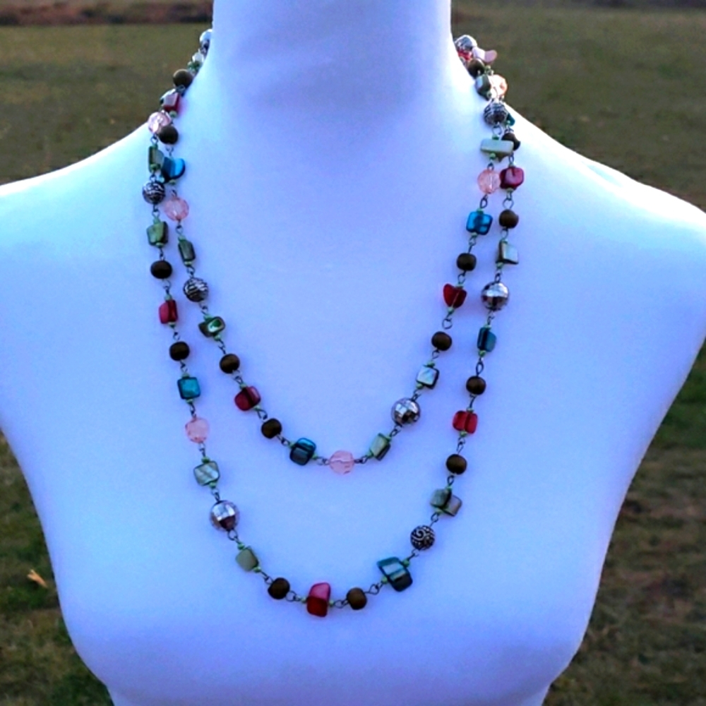 9. Beaded and Stone Chip Necklace - Can Be Styled As Long or Double Layered - Picture 6 of 11